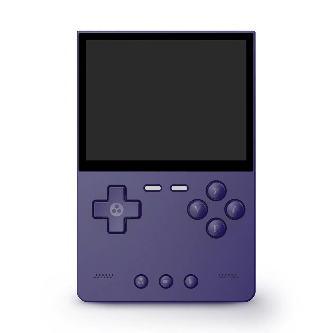 Purple TrimUi Brick handheld gaming console with a black screen on a white background