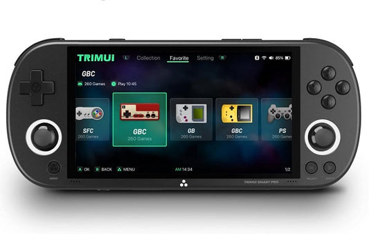 Retro gaming handheld console displaying classic games emulator interface