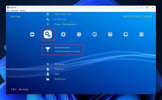 RetroArch settings screen showing RetroAchievements configuration for retro gaming handhelds