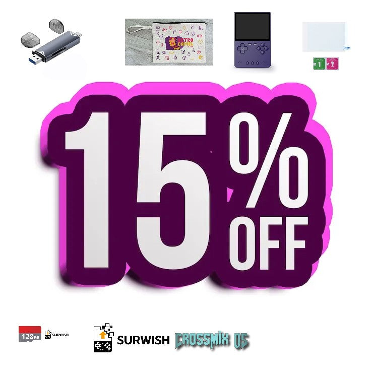 Promotional TrimUi Brick handheld with '15% OFF' offer, featuring small product images and logos.
