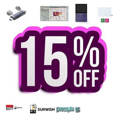 Promotional TrimUi Brick handheld with '15% OFF' offer, featuring small product images and logos.