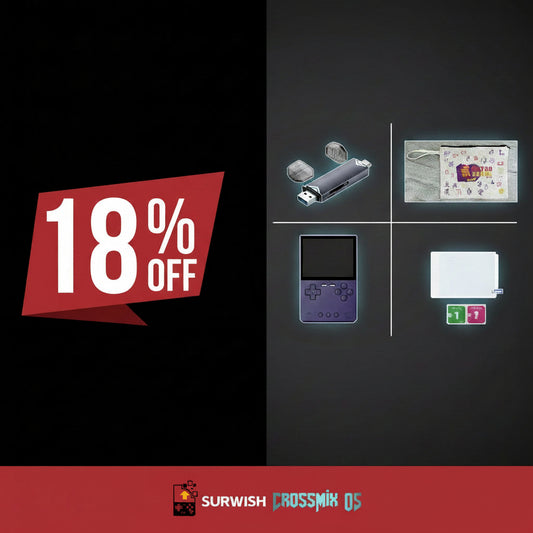 Promotional TrimUi Brick handheld with '18% OFF' offer, featuring small product images and logos.