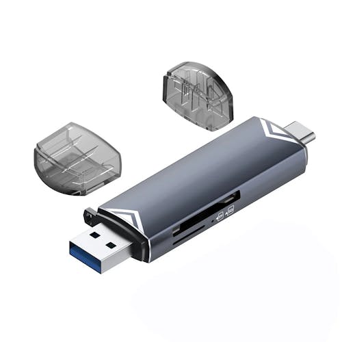 Multi-device USB adapter with clear plastic covers for SD, Micro SD
