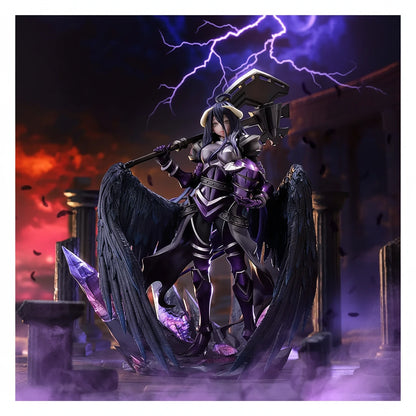 Fantasy character in dark armor with a large weapon against a dramatic background