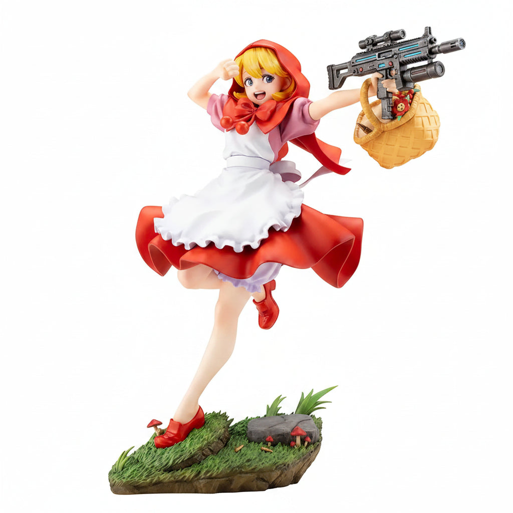 Figurine of a character in a red hood and dress holding a gun and bag on a grassy base.