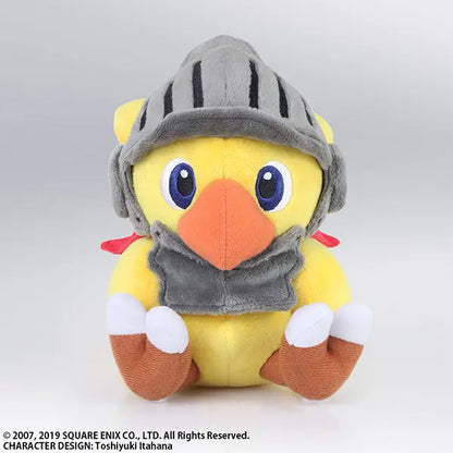 Plush toy resembling a yellow creature with a gray helmet on a white background