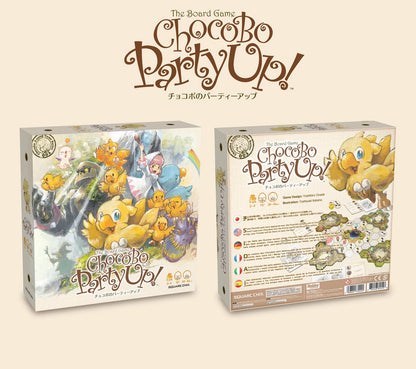 Board game box for 'Chocobo Party Up!' with artwork of chocobos on a beige background