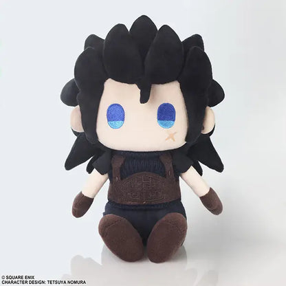 A chibi-style plush toy with black spiky hair, large blue eyes, a cream face, and a dark brown outfit, photographed against a clean white background.