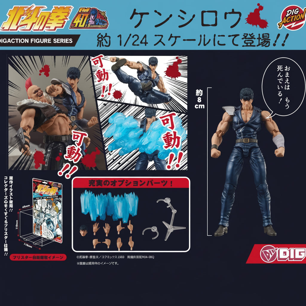DigAction Kenjiro figure series packaging and product display with Japanese text, showing the action figure, comic-style panels, accessories, and dimensions on a black background.