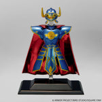 Figurine of a character in blue armor with red cape on a gray background