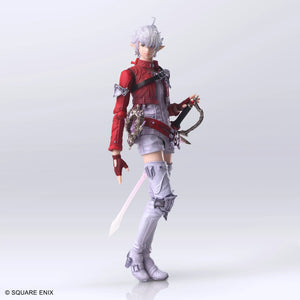 Action figure with red and gray outfit holding a weapon on a white background, Square Enix logo visible.