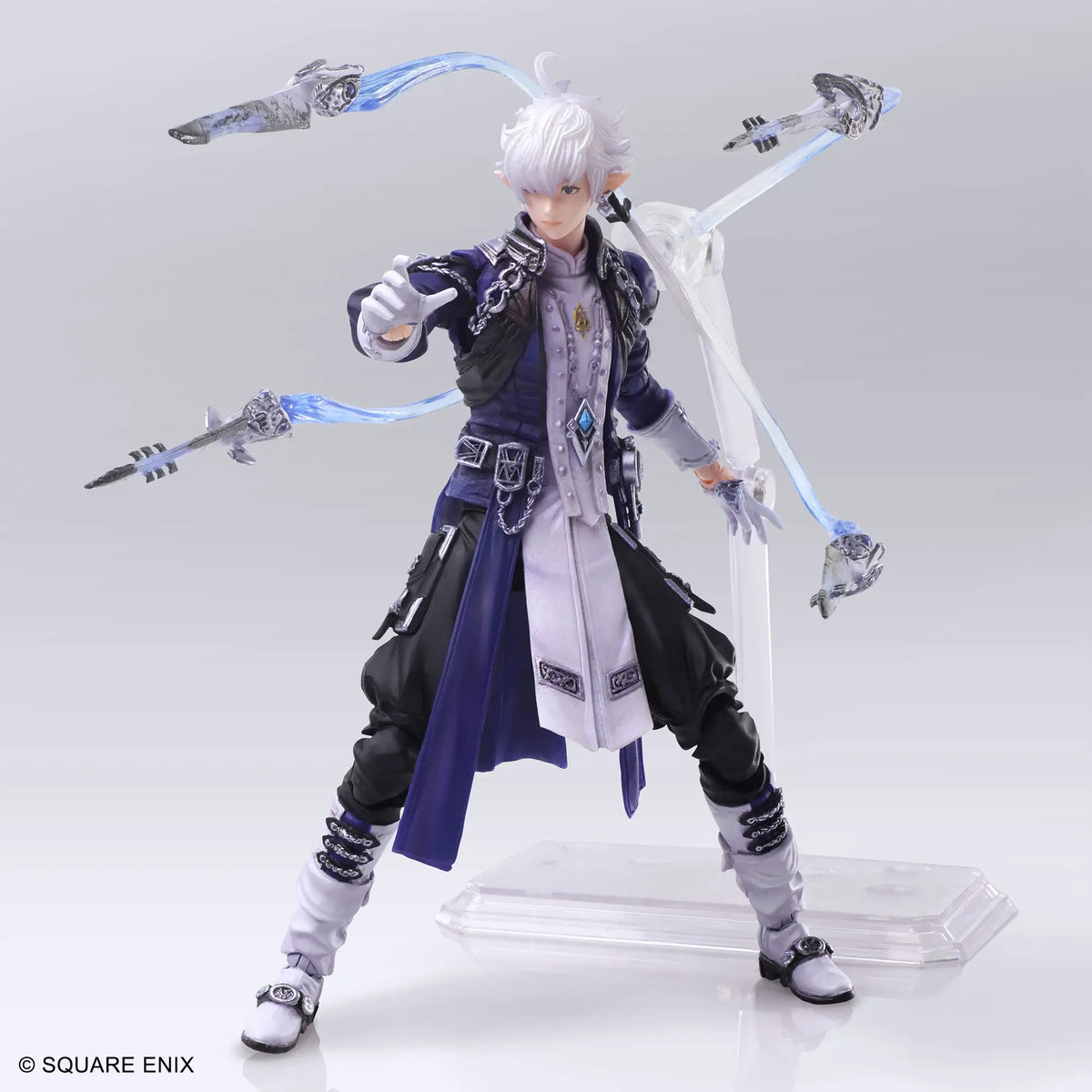 Square Enix Final Fantasy VII Edea action figure with white hair, wearing a dark blue and black outfit with silver accents, posed with multiple floating swords on a clear display stand against a light gray background.