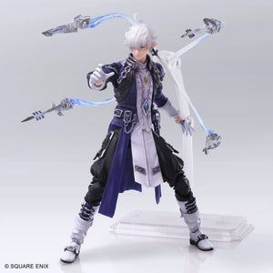 Square Enix Final Fantasy VII Edea action figure with white hair, wearing a dark blue and black outfit with silver accents, posed with multiple floating swords on a clear display stand against a light gray background.