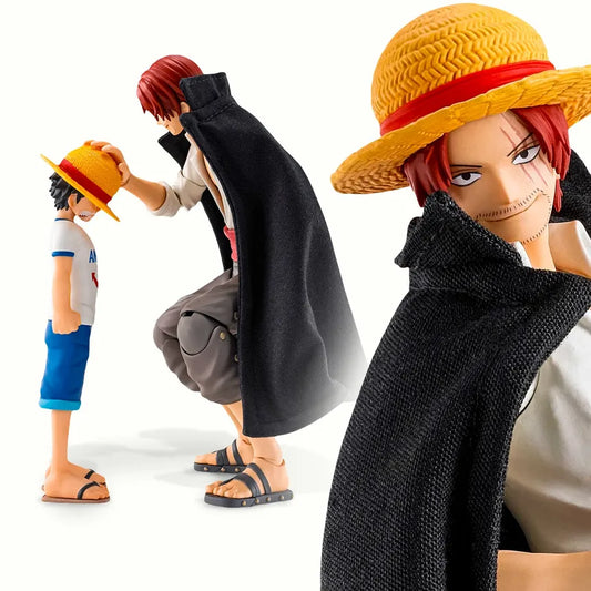 Action figure with a yellow hat and black coat, with a smaller figure in the background.Figuarts-Shanks-Monkey-D-Luffy-Kid
