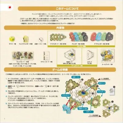 A Japanese instruction manual page detailing the rules and contents of a fantasy role-playing game, featuring illustrations of character sheets, equipment, and a detailed map of the game world.