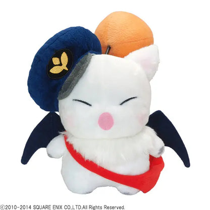 Final Fantasy XIV Plush Letter Moogle Plush toy of a white creature with bat wings, blue hat, and orange ball on his head with pink nose and squinty eyes