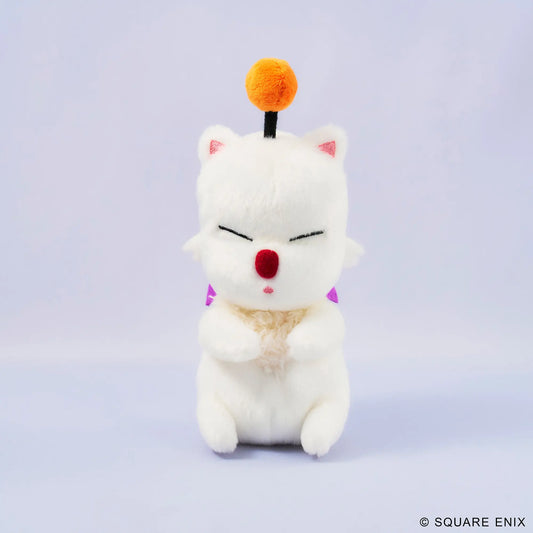 A white plush cat character toy with closed eyes, a red nose, pink inner ears, a small orange pom-pom on a black stick, and purple triangular accents, centered on a pale lavender studio background. A small Square Enix copyright mark appears in the bottom right corner.