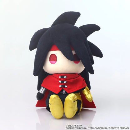Plush toy with black hair, red outfit, and yellow shoes on a white background