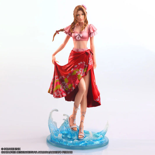 Statue of a character in a pink top and red skirt on a white background
