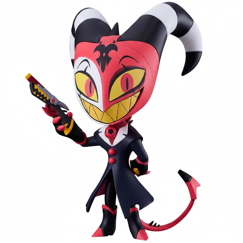 Animated character with red and black design, yellow eyes, and a suit holding a weapon on a white background