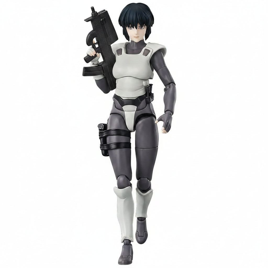 Hyper Body Motoko Kusanagi (Simple Armored Suit Ver.) Ghost in the Shell (1995) Action figure in a gray and white costume holding a weapon or machine gun
