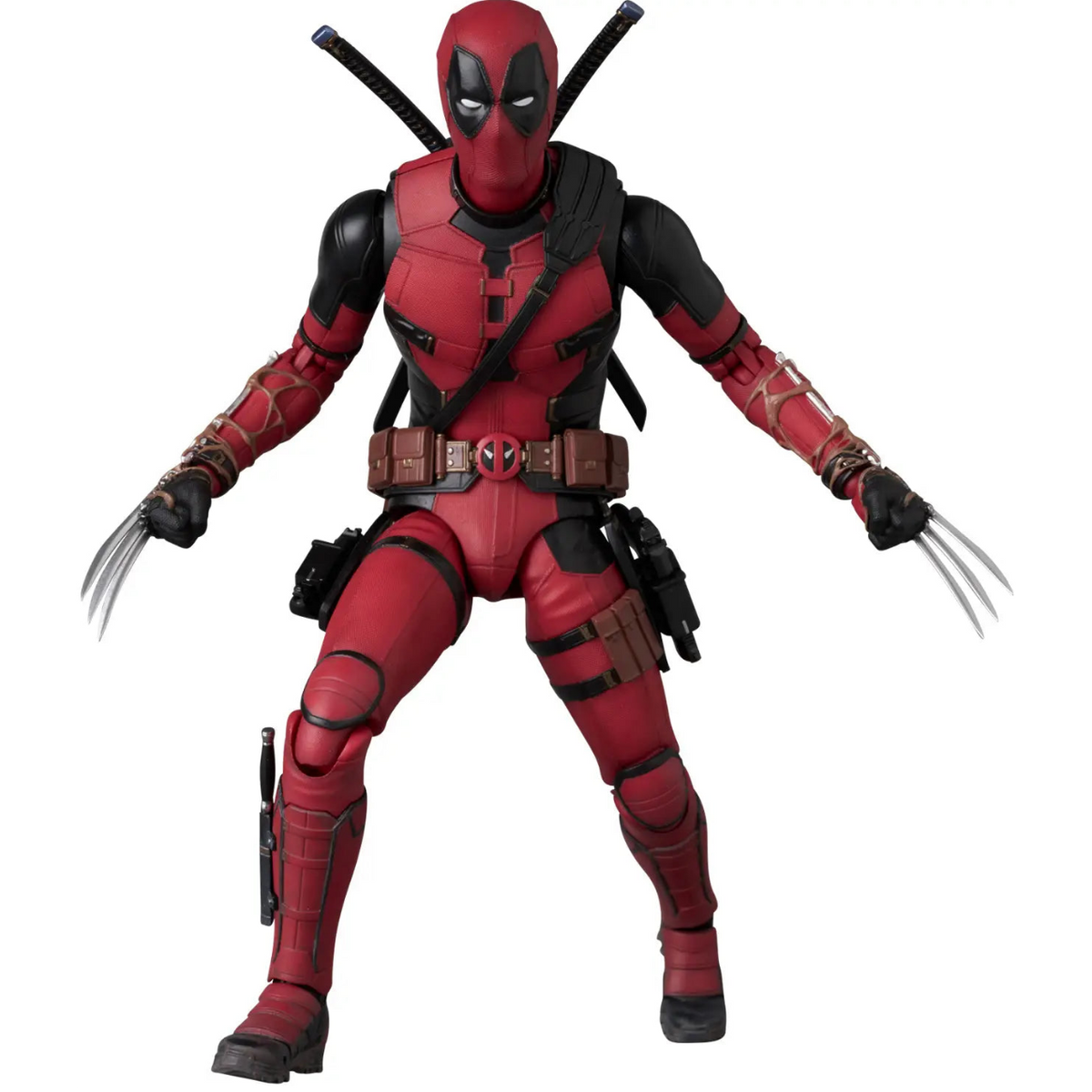Action figure of a character in a red and black suit with claws on a white background
