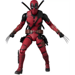Action figure of a character in a red and black suit with claws on a white background