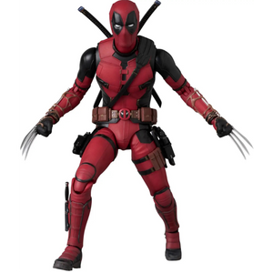 Action figure of a character in a red and black suit with claws on a white background