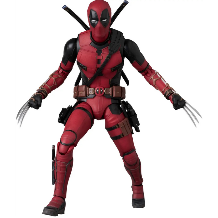 Action figure of a character in a red and black suit with claws on a white background