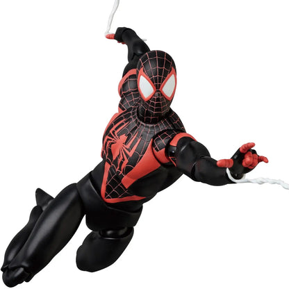 MAFEX Spider-Man Miles Morales (Comic Renewal Ver.) Toy action figure of a superhero in black and red costume with spider symbol on his chest and spider webs coming out of his hands
