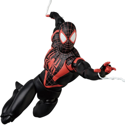 MAFEX Spider-Man Miles Morales (Comic Renewal Ver.) Toy action figure of a superhero in black and red costume with spider symbol on his chest and spider webs coming out of his hands