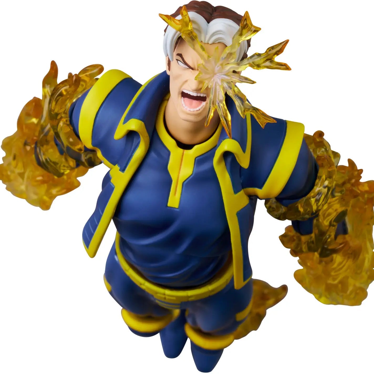 A collectible figurine of the Marvel character Magneto, shown with his metallic blue and yellow suit and translucent golden energy effects around his hands and face, isolated on a white background.