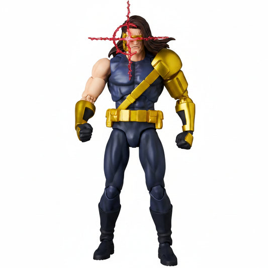 A Marvel X-Men action figure of Cyclops with his red laser sight active, wearing his classic blue and gold costume against a plain white background.