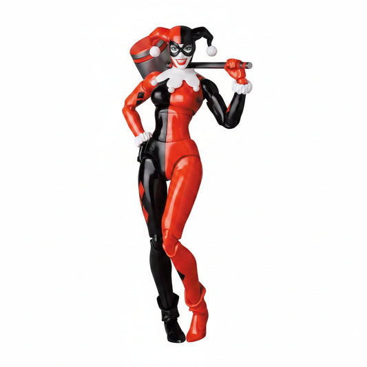 Harley Quinn action figure in red and black costume with a bat