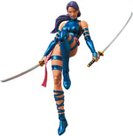 Action figure with blue and brown costume holding a sword on a white background