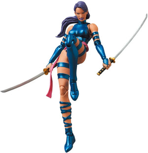 Action figure with blue and brown costume holding a sword on a white background