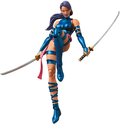 Action figure with blue and brown costume holding a sword on a white background