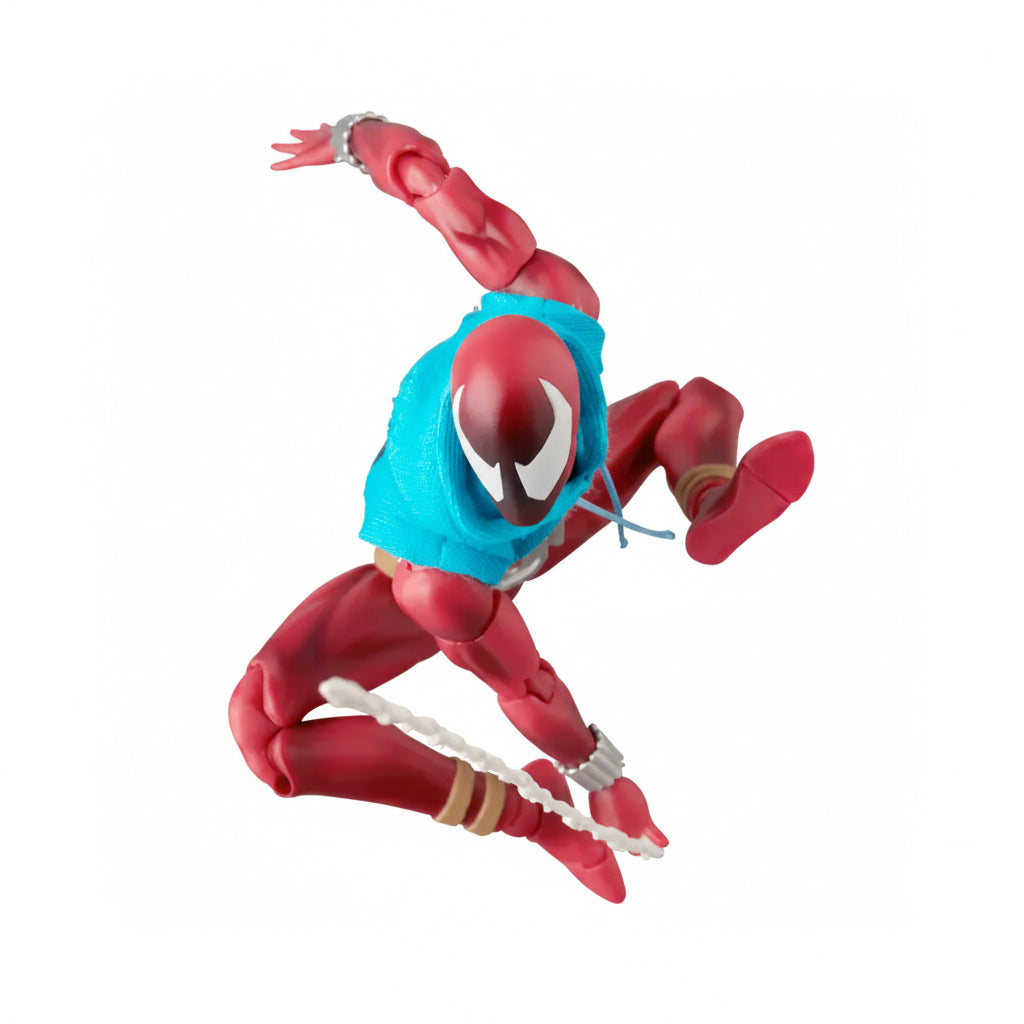 Red superhero figure with a blue hood on a white background