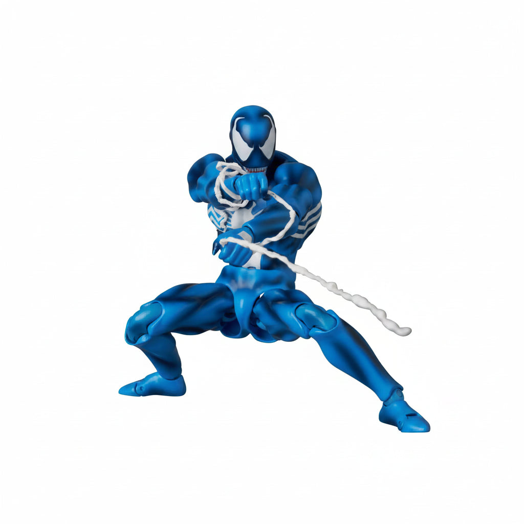 Blue superhero figure with white accents on a white background