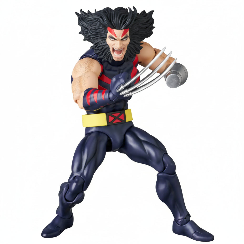 A Marvel Wolverine action figure posed in a dynamic fighting stance with claws extended, on a plain white background.