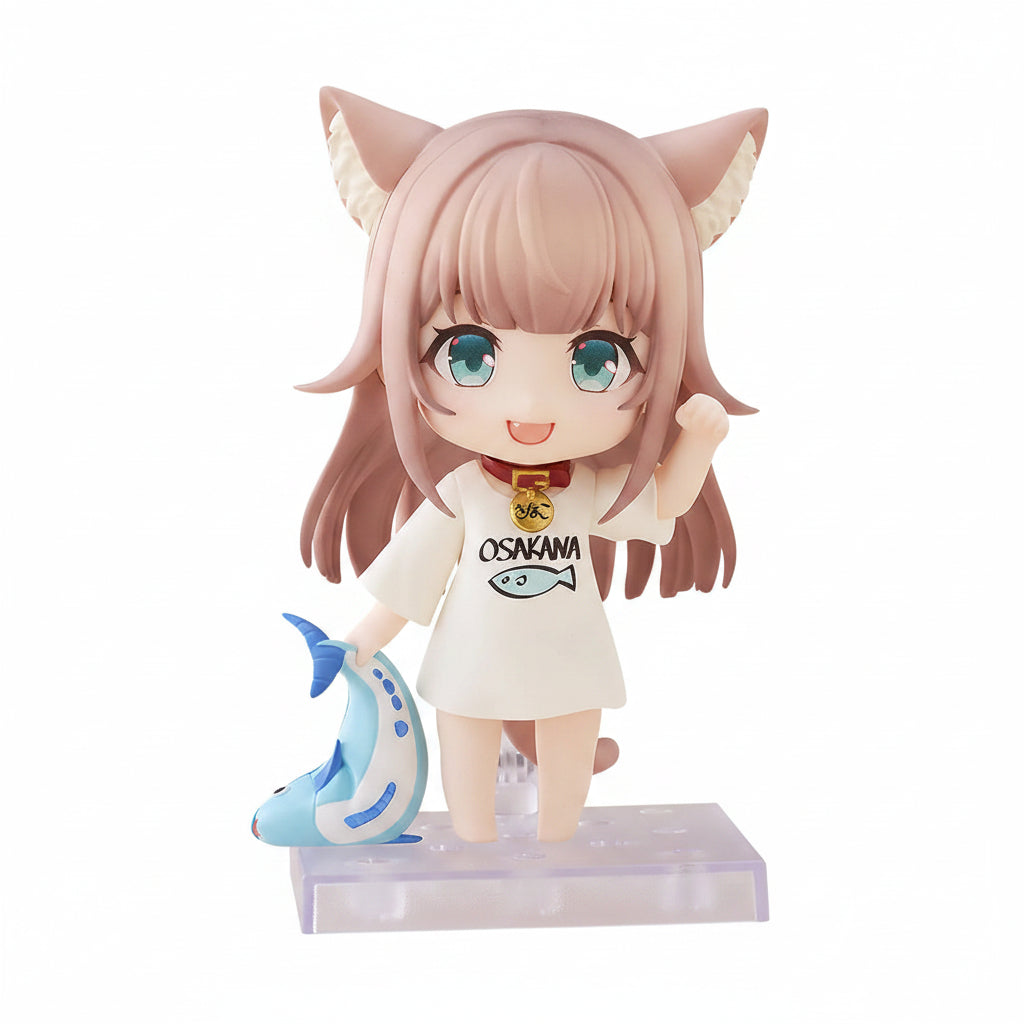 Nendoroid Kinako (Uchi no Neko ga Onnanoko de Kawaii) Anime character figurine with fox ears holding a fish, wearing an Osaka-themed outfit and collar around her neck