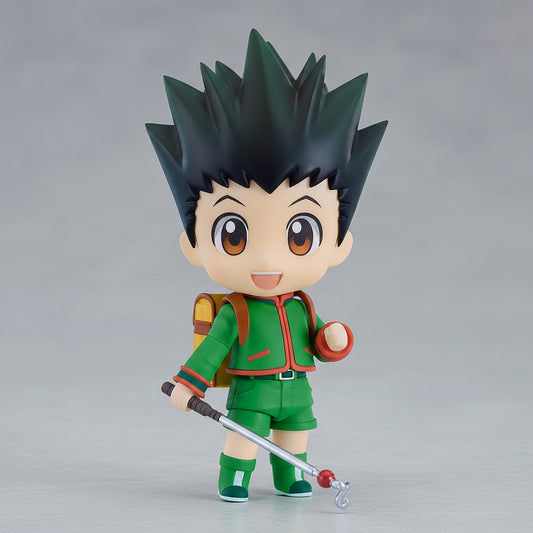 Animated character with spiky hair, green outfit, and backpack holding a sword on a white background