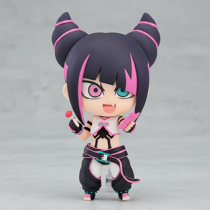 Anime character figurine with purple hair and horns on a gray background