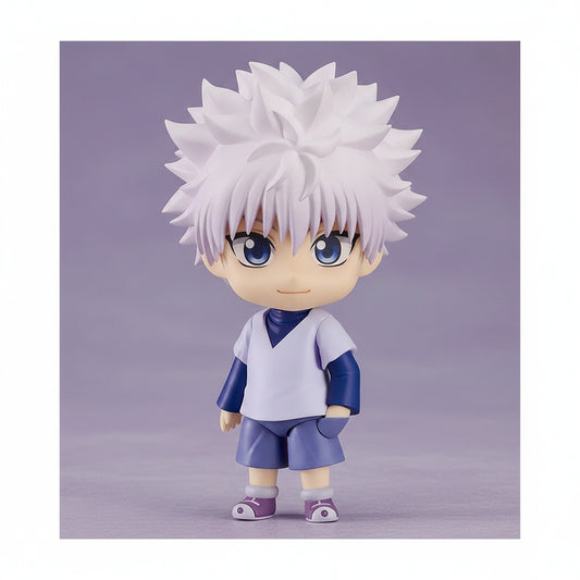 Toy figure of a character with spiky white hair and blue eyes on a white background
