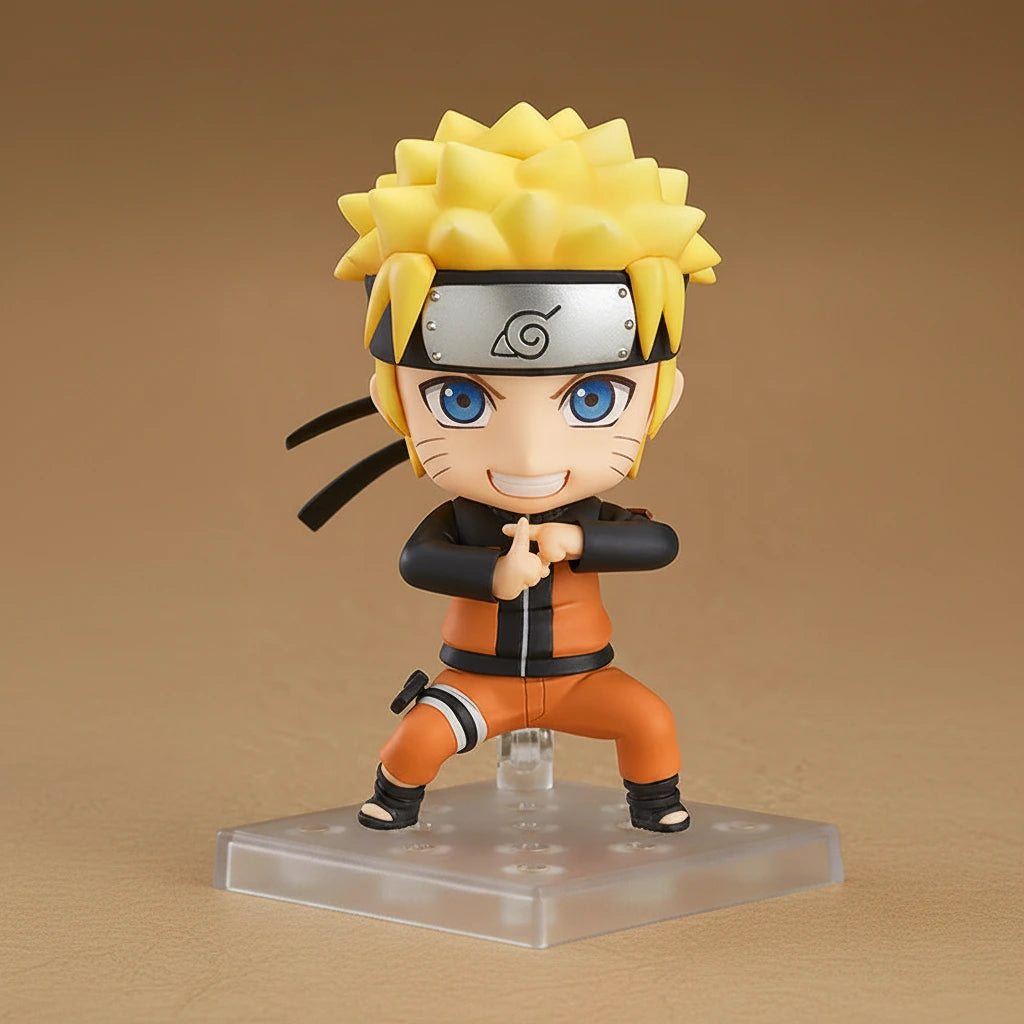 Action figure of a character with spiky yellow hair and blue eyes, wearing an orange outfit and headband.