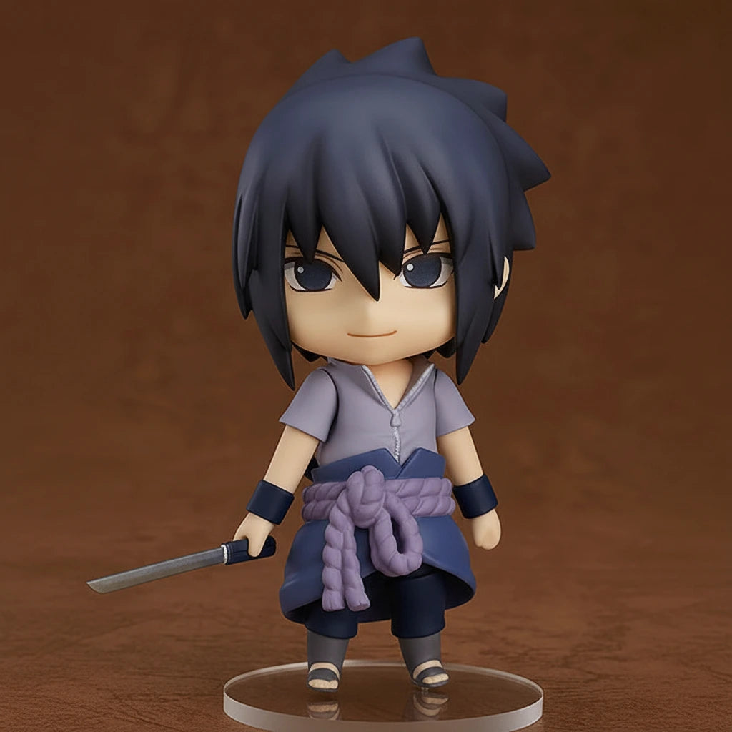 Anime character figurine with dark hair and a sword on a brown background