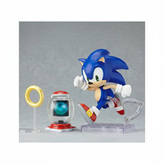 Sonic the Hedgehog figure with a ring and a transparent object on a gray background
