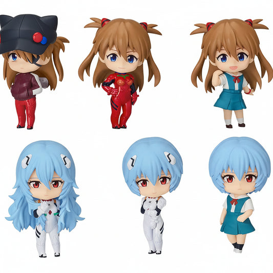 Set of six colorful anime-style figurines with different hairstyles and outfits on a white background.