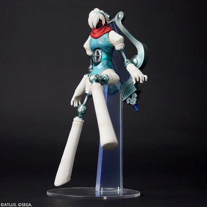 A stylized articulated action figure of a sci-fi female character posed on a clear acrylic display stand against a dark studio background. The figure has white hair, a red scarf, a teal and white bodysuit, and a large curved silver weapon accessory.