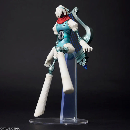 A stylized articulated action figure of a sci-fi female character posed on a clear acrylic display stand against a dark studio background. The figure has white hair, a red scarf, a teal and white bodysuit, and a large curved silver weapon accessory.